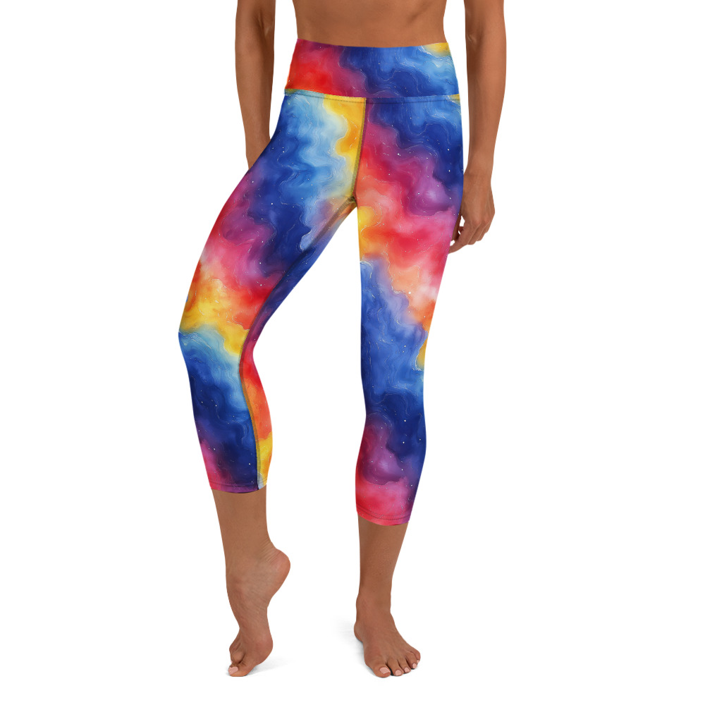 Rainbow Galaxy Gradient yoga capri leggings with vibrant watercolor gradient celestial design in cosmic rainbow colors