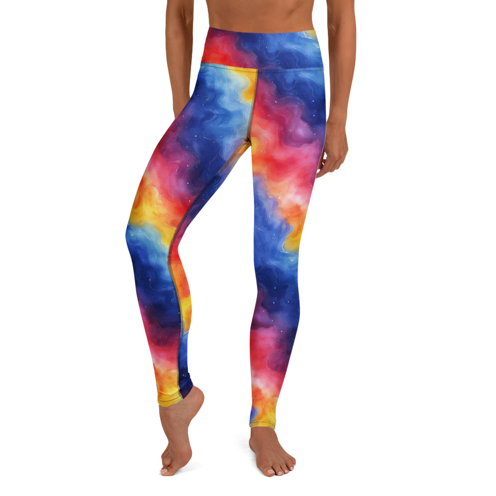 Women's yoga leggings with vibrant rainbow galaxy gradient watercolor design featuring cosmic celestial patterns