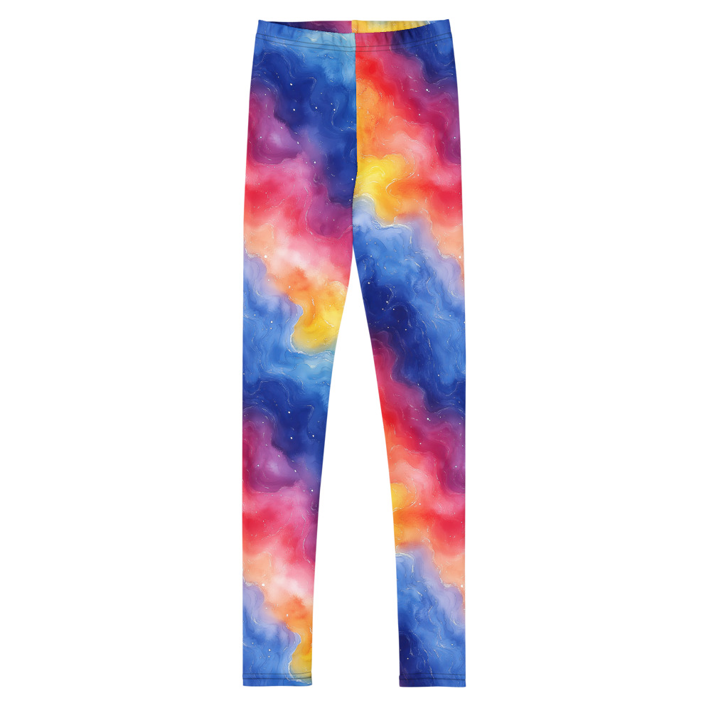 Youth leggings with vibrant rainbow galaxy gradient design in watercolor style showing cosmic swirls and celestial colors
