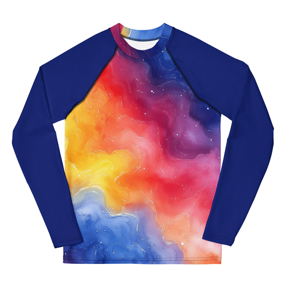 Youth rash guard with vibrant rainbow galaxy watercolor gradient design in cosmic blues, purples, and golden hues