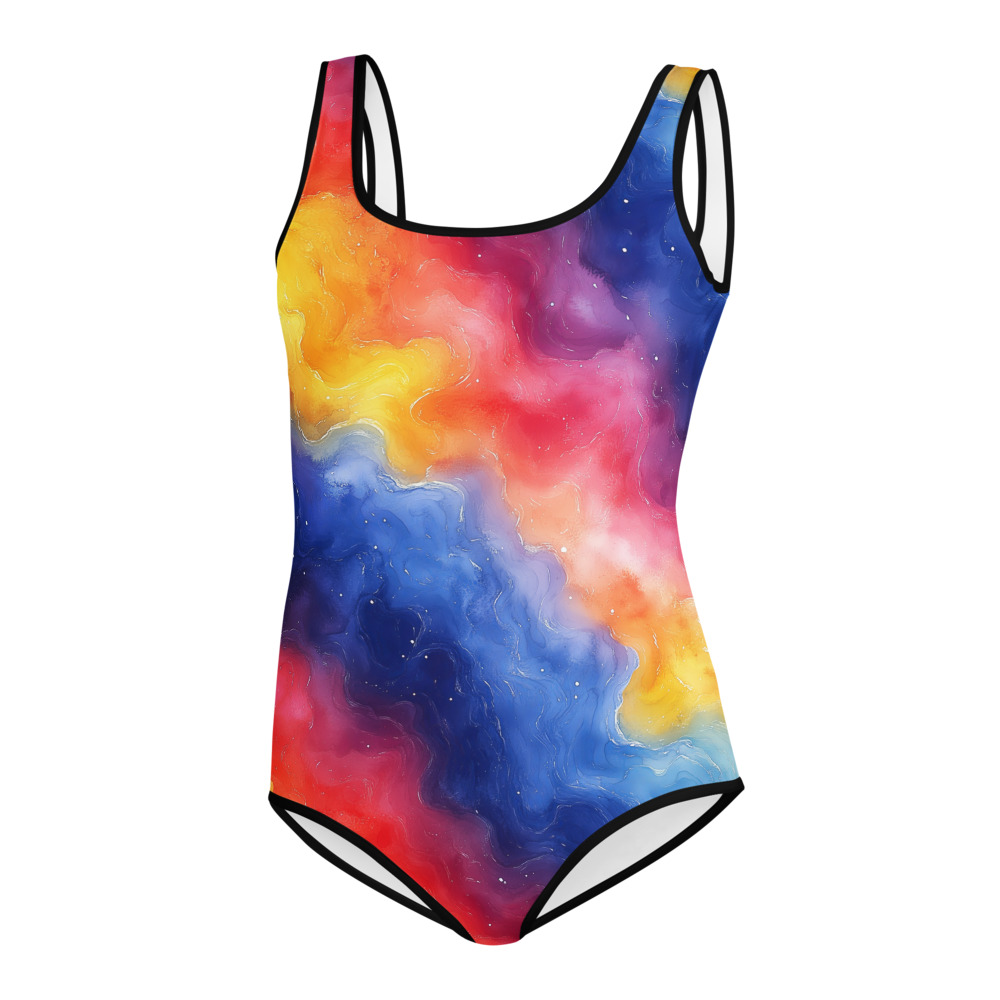 Youth swimsuit with vibrant rainbow galaxy watercolor gradient design showing cosmic purple, blue, pink and yellow hues
