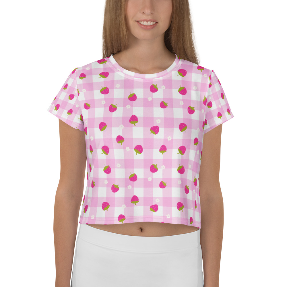 Strawberry ditsy pink gingham crop tee with cute fruit pattern on checkered background