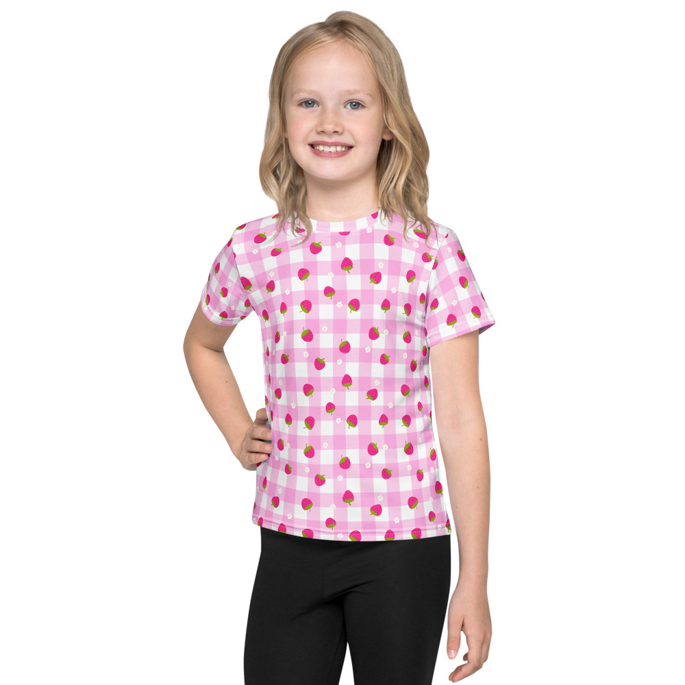 Kids crew neck t-shirt with pink gingham pattern featuring cute strawberry ditsy design in countryside style