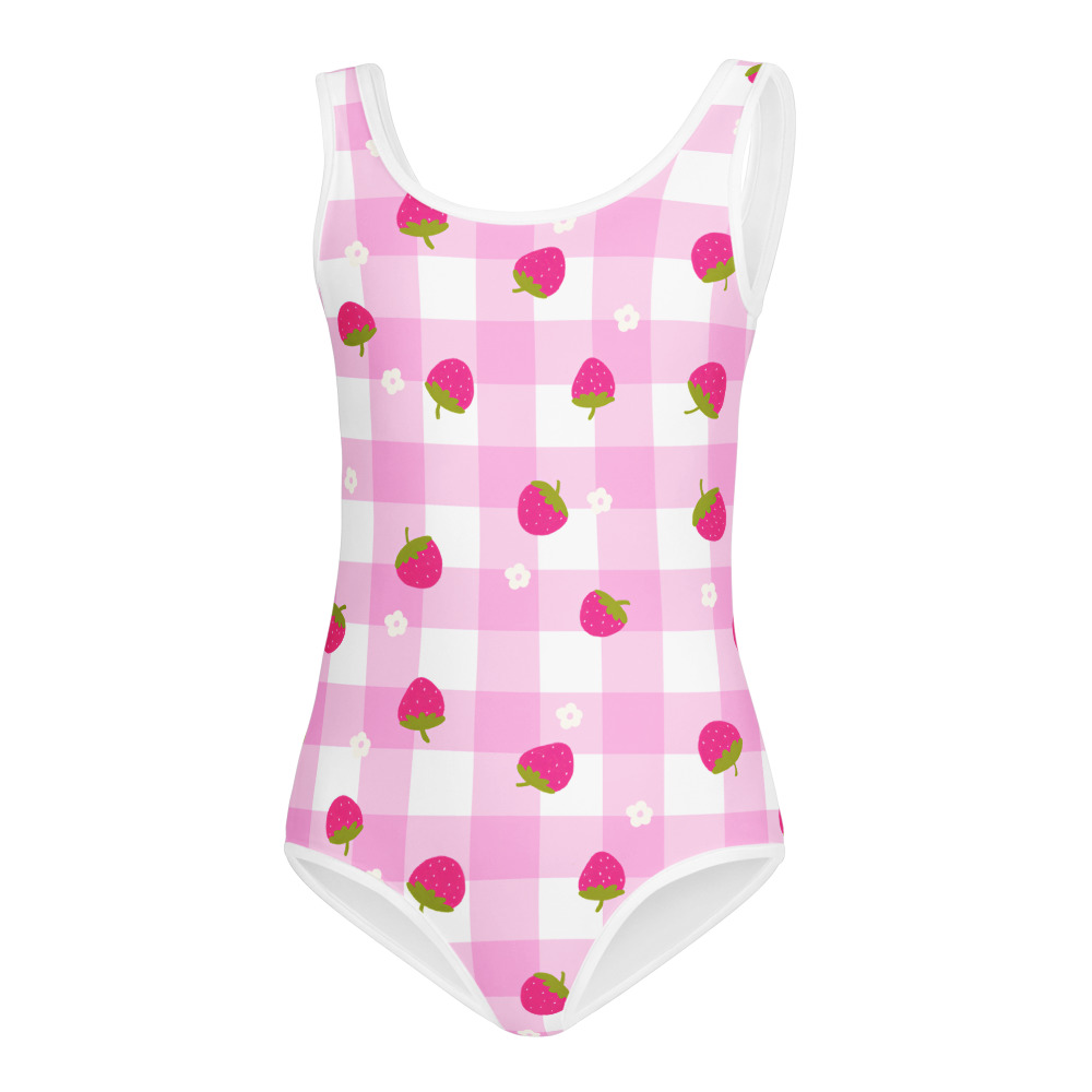 Kids swimsuit featuring pink gingham pattern with small strawberry ditsy print design in cute checkered style