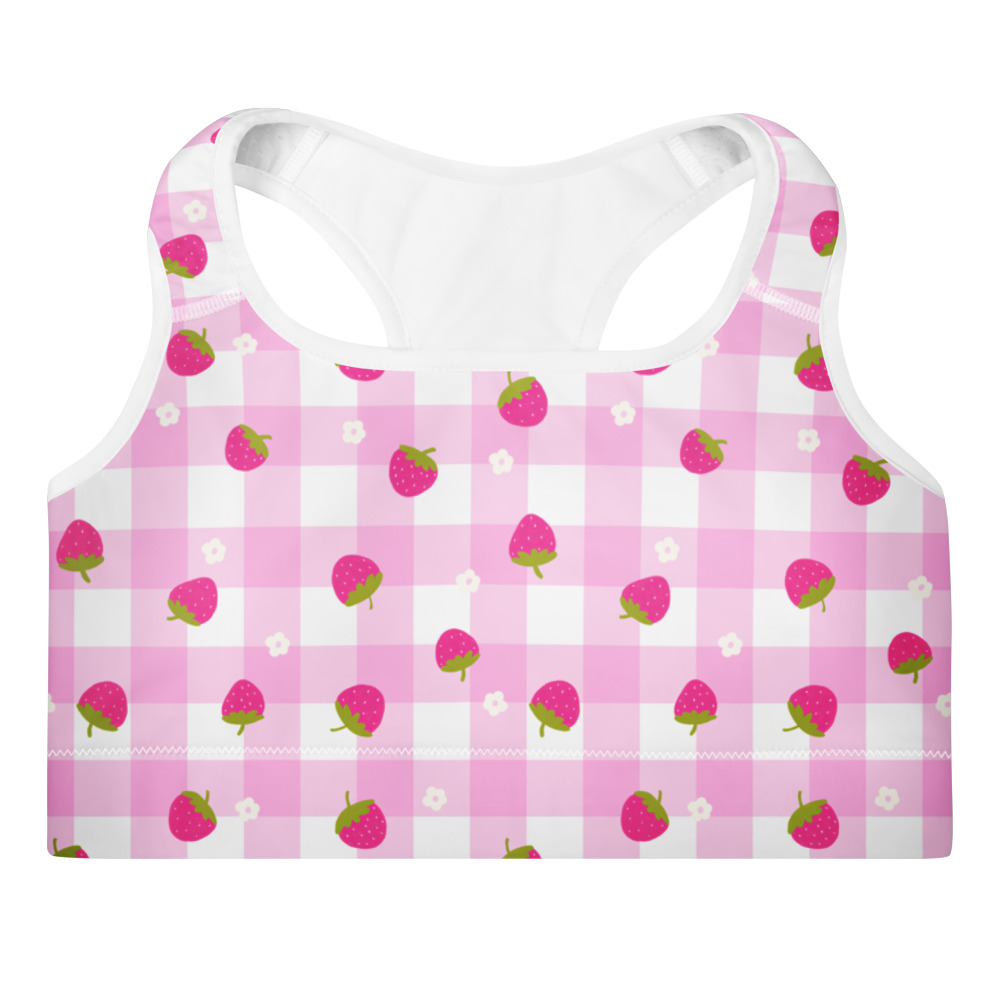 Pink gingham padded sports bra with cute strawberry ditsy pattern scattered across classic checkered design