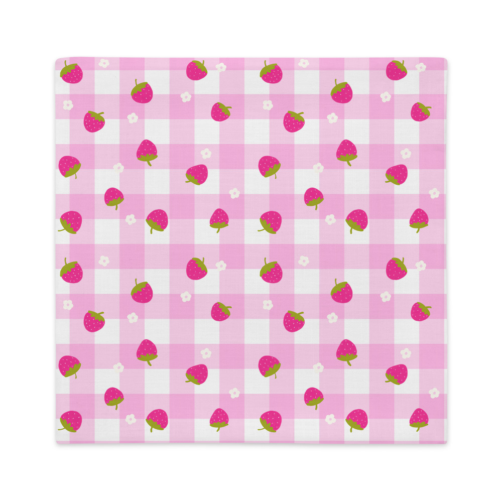 Premium pillow case with pink gingham pattern featuring scattered strawberry ditsy design in cute cottage style