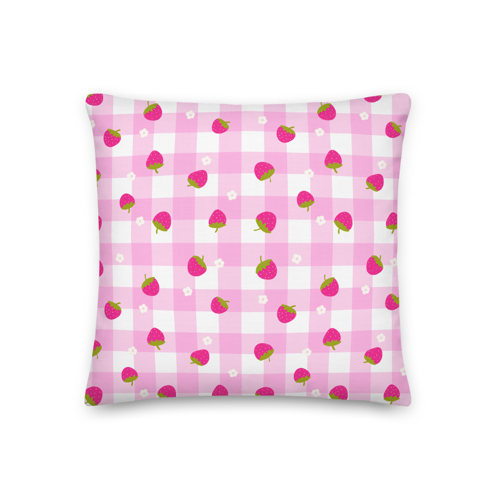Premium pillow featuring pink gingham pattern with scattered strawberry motifs in cute ditsy design style