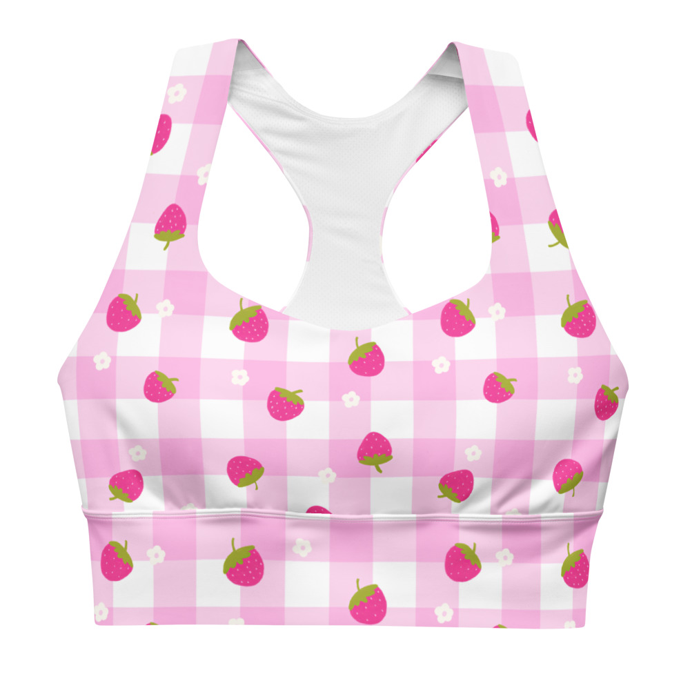 Pink gingham longline sports bra with cute strawberry ditsy pattern, featuring double-layered front and mesh lining details