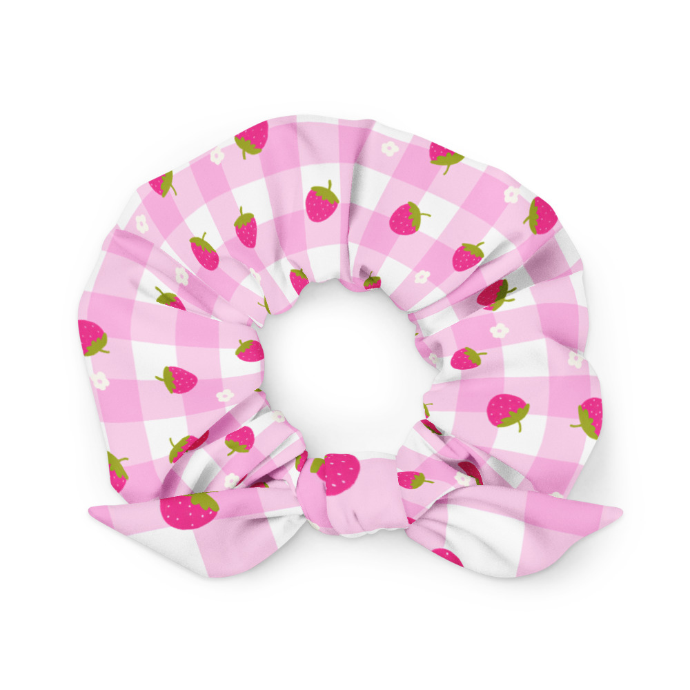 Pink gingham recycled scrunchie with strawberry ditsy pattern and removable bow detail