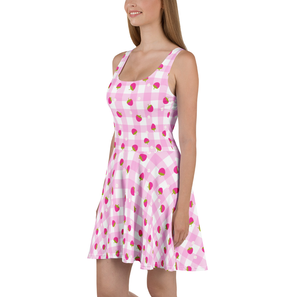 Strawberry Ditsy Pink Gingham Skater Dress by Treaja - S Strawberry Ditsy Pink Gingham Skater Dress by Treaja - S