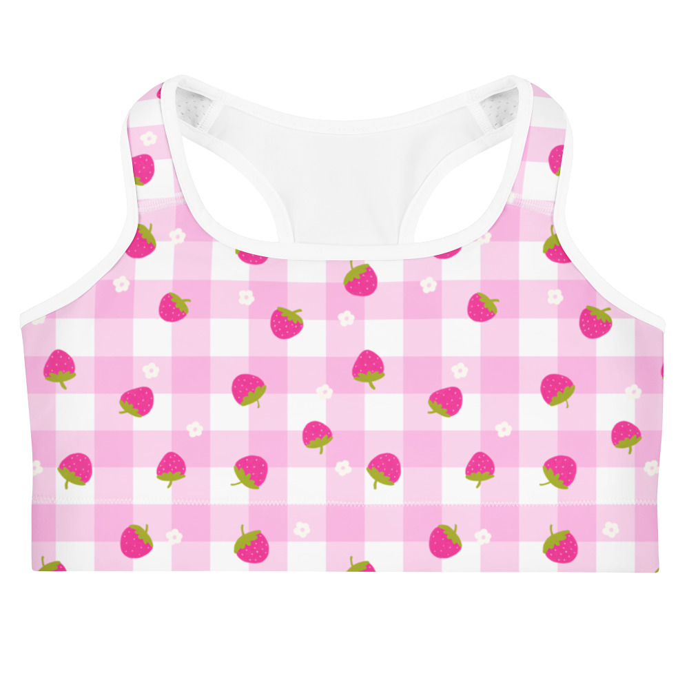 Pink gingham sports bra with cute strawberry ditsy pattern featuring scoop neckline and racerback design