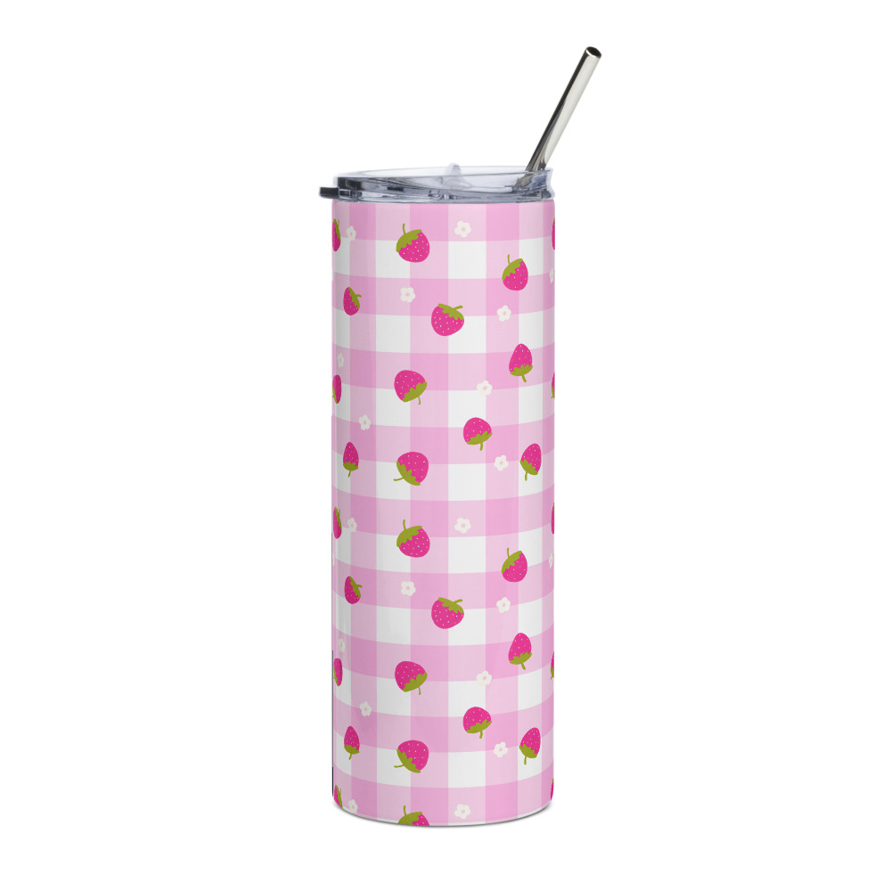 Stainless steel tumbler with pink gingham pattern and tiny strawberry motifs in cute vintage-inspired design