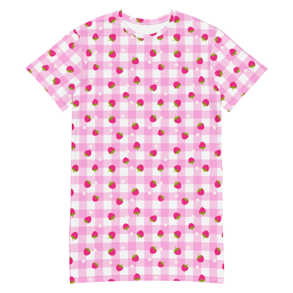Pink gingham t-shirt dress with tiny strawberry pattern in cute vintage style