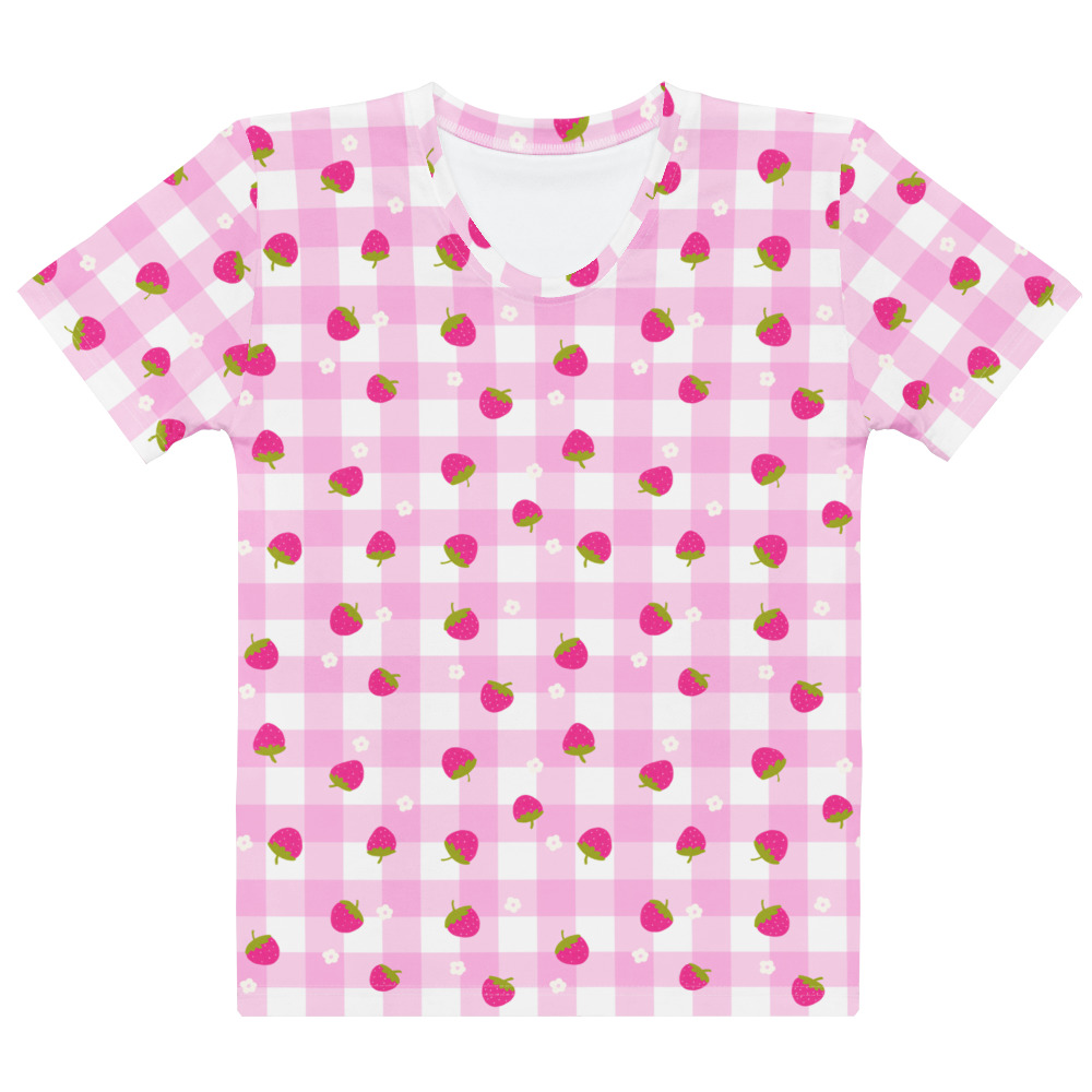 Women's crew neck t-shirt with pink gingham background featuring small strawberry ditsy pattern in cute vintage style