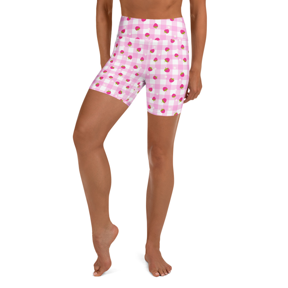 Pink and white gingham yoga shorts with cute strawberry ditsy pattern in flattering high-waisted design