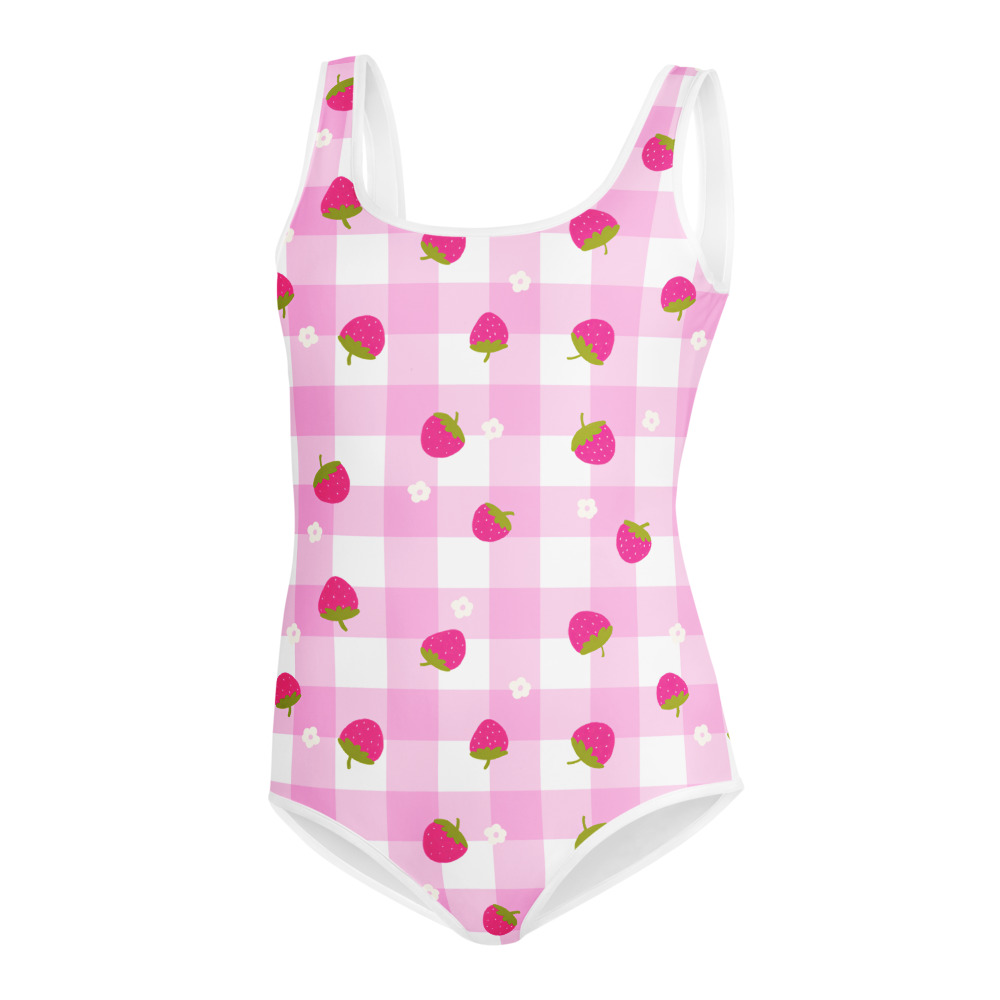 Youth swimsuit featuring pink gingham pattern with small strawberry ditsy motifs in cute gingham design style