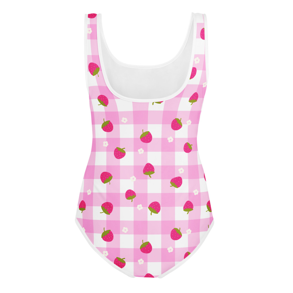 Youth swimsuit featuring pink gingham pattern with small strawberry ditsy motifs in cute gingham design style