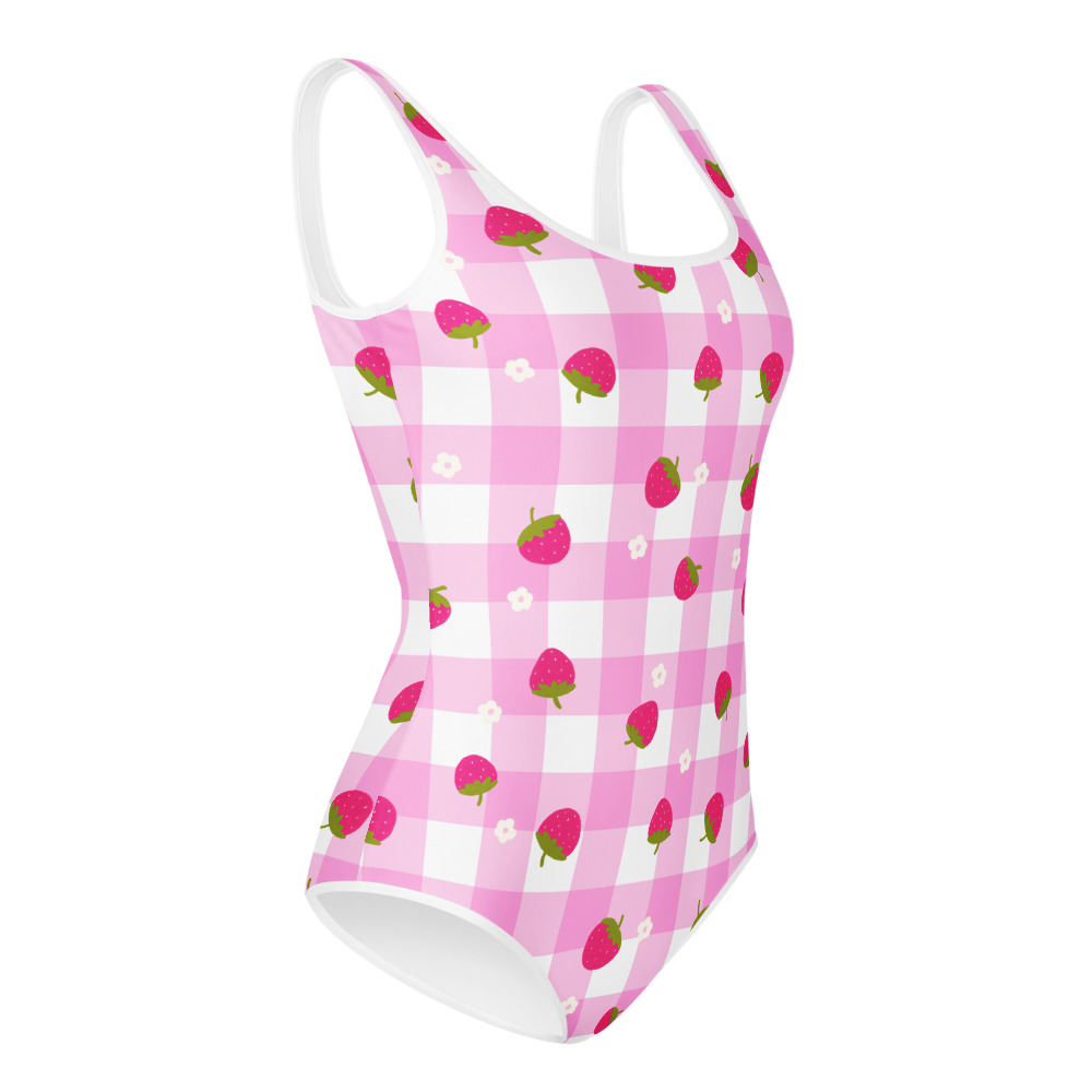 Youth swimsuit featuring pink gingham pattern with small strawberry ditsy motifs in cute gingham design style
