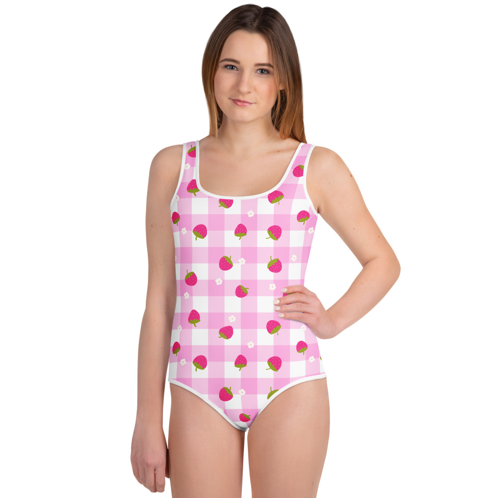 Youth swimsuit featuring pink gingham pattern with small strawberry ditsy motifs in cute gingham design style