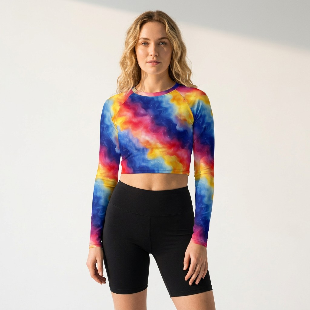 Rainbow Galaxy Gradient Recycled Long Sleeve Crop Top - Treaja® - Allover Lifestyle Recycled Ls Crop Top Single