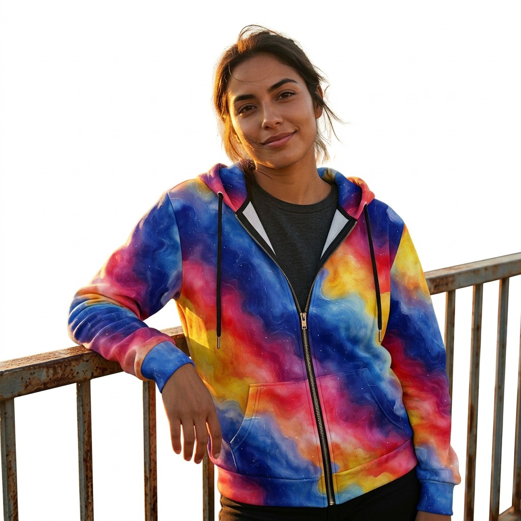 Rainbow Galaxy Gradient Zip Hoodie - Watercolor Abstract Art - Allover Lifestyle Recycled Zip Hoodie Single