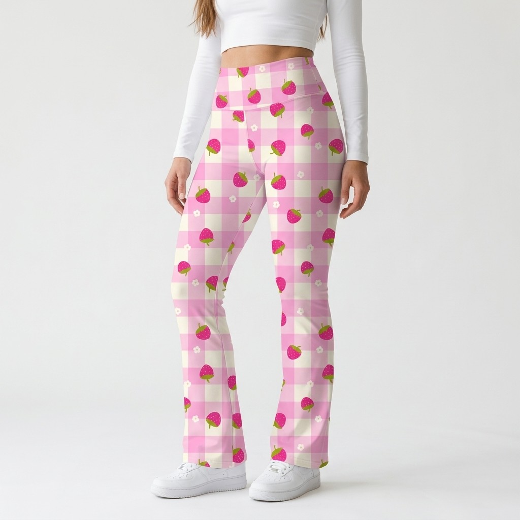 Strawberry Ditsy Pink Gingham Flare Leggings by Treaja® - Allover Lifestyle Flare Leggings Single