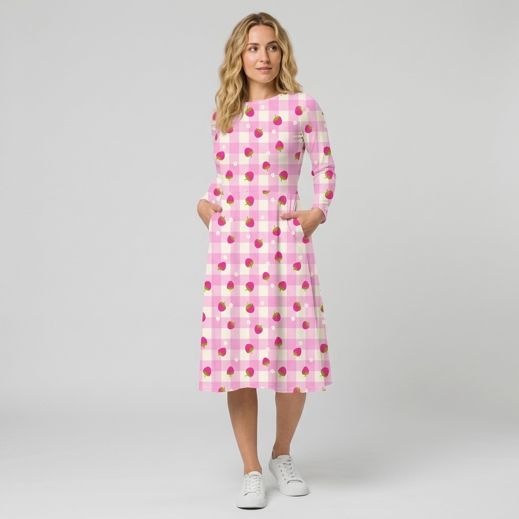 Strawberry Ditsy Pink Gingham Long Sleeve Midi Dress by Treaja® - Allover Lifestyle Ls Midi Dress Single