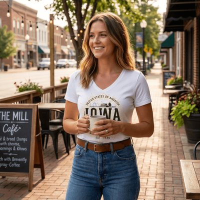 Iowa Women’s V-Neck Retro Style Souvenir Tee by Treaja®