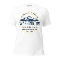 A unisex white t-shirt with a blue and gold vintage-style graphic of Washington State mountains, with the words "SPIRIT OF THE PACIFIC" and "EST. 1889."
