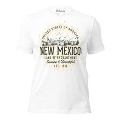 White New Mexico shirt with vintage pueblo architecture and mountain graphic