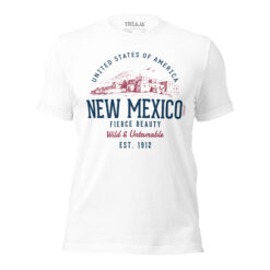 White New Mexico shirt with vintage town and sunburst graphic