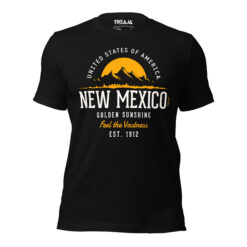 Black New Mexico shirt with golden sun and mountain silhouette