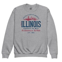 Youth crewneck sweatshirt featuring vintage-style Illinois state design with retro typography and Prairie State graphics