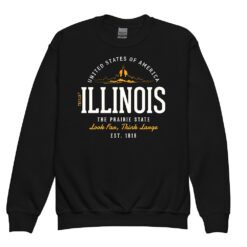 Youth crewneck sweatshirt featuring vintage-inspired Illinois state design in retro typography and classic styling