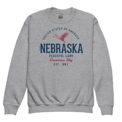 Youth crewneck sweatshirt featuring vintage-inspired Nebraska state design in retro style colors
