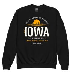 Youth crewneck sweatshirt featuring vintage-inspired Iowa state design in retro styling with ribbed cuffs and hem