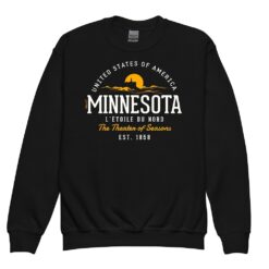 Vintage-inspired Minnesota state design on soft fleece youth crewneck sweatshirt with retro typography