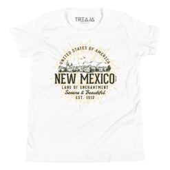 Youth unisex t-shirt featuring vintage-inspired New Mexico state design with retro southwestern artwork in classic crew neck style