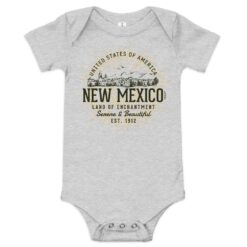 Soft cotton baby bodysuit featuring vintage-style New Mexico state artwork in retro colors with envelope neckline and snap closure
