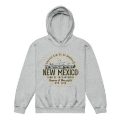 Youth pullover hoodie featuring vintage-style New Mexico retro artwork on soft fleece fabric with front pocket and hood