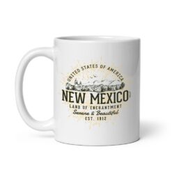 White ceramic coffee mug featuring vintage-style New Mexico state design with retro Southwest artwork
