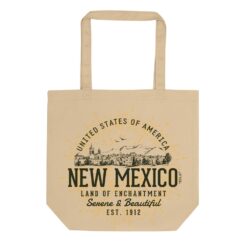 Organic cotton canvas tote with vintage-inspired New Mexico retro artwork in southwestern color scheme