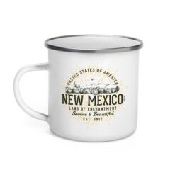 12oz enamel steel camping mug with retro New Mexico state artwork in vintage southwestern colors