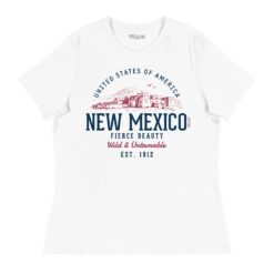 Women's relaxed fit t-shirt featuring vintage-inspired New Mexico State retro design in southwestern colors