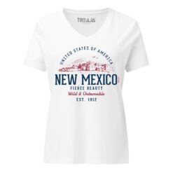 Women's v-neck t-shirt featuring vintage-inspired New Mexico State retro design with southwestern styling elements
