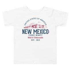 Soft cotton toddler t-shirt displaying vintage-inspired New Mexico State artwork in retro Southwest colors