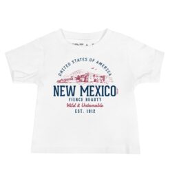 Soft cotton baby tee featuring retro New Mexico state design in warm desert colors