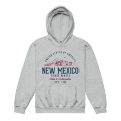 Youth pullover hoodie featuring vintage-inspired New Mexico state design in retro southwestern style graphics