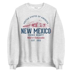 Retro New Mexico State design on cream colored crew neck sweatshirt with southwestern themed artwork