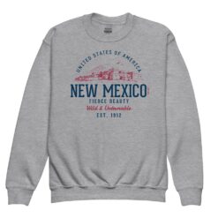 Youth crewneck sweatshirt featuring vintage-inspired New Mexico state design with retro styling in warm earth tones